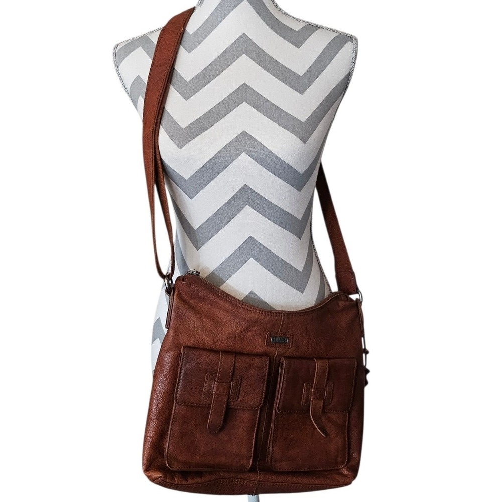 Spikes & Sparrow Cognac Brown Leather Crossbody Bag  Messenger Cargo Pockets